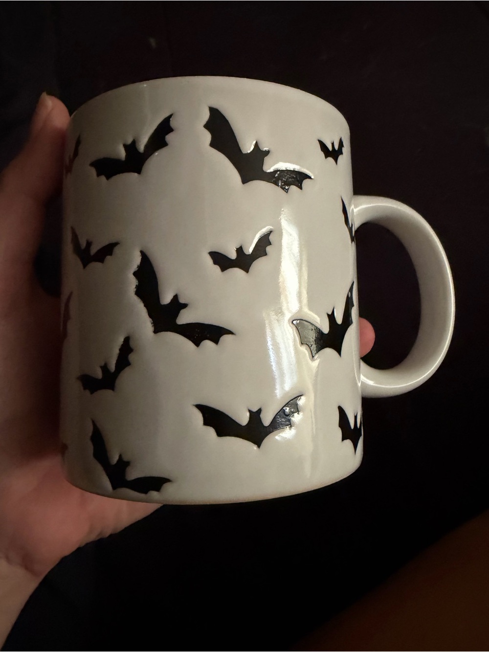 White Ceramic Mug with Black Bat Motif - Halloween Coffee Cup